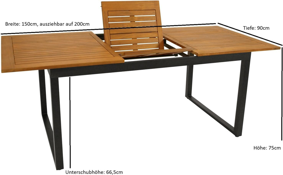 DEGAMO Mesa extensible de jardín RIVELLO 150/200x90 cm, aluminio antracita + madera de acacia aceitada, exterior, certificado FSC®