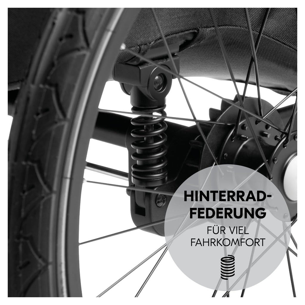hauck Remolque de bicicleta y cochecito Dryk Duo Plus con suspensión, para 2 niños (6-48 meses), incluye barra de tiro, rueda de cochecito, bandera y luz LED, plegable, altura ajustable, maletero XL (verde oscuro)