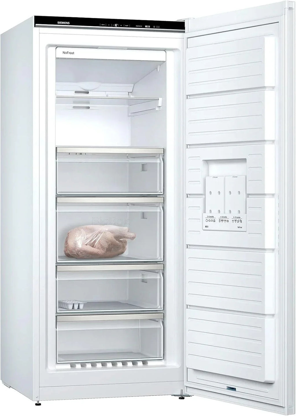 Congelador Siemens GS54NAWCV iQ500, 176 x 70 cm, 327 L, noFrost nunca más volver a descongelar, bigBox espacio para alimentos congelados grandes, varioZone estantes y cajones de cristal flexibles, Blanco