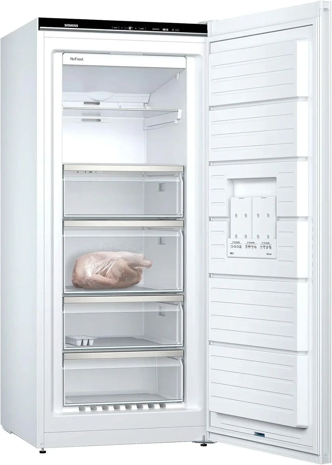 Congelador Siemens GS54NAWCV iQ500, 176 x 70 cm, 327 L, noFrost nunca más volver a descongelar, bigBox espacio para alimentos congelados grandes, varioZone estantes y cajones de cristal flexibles, Blanco