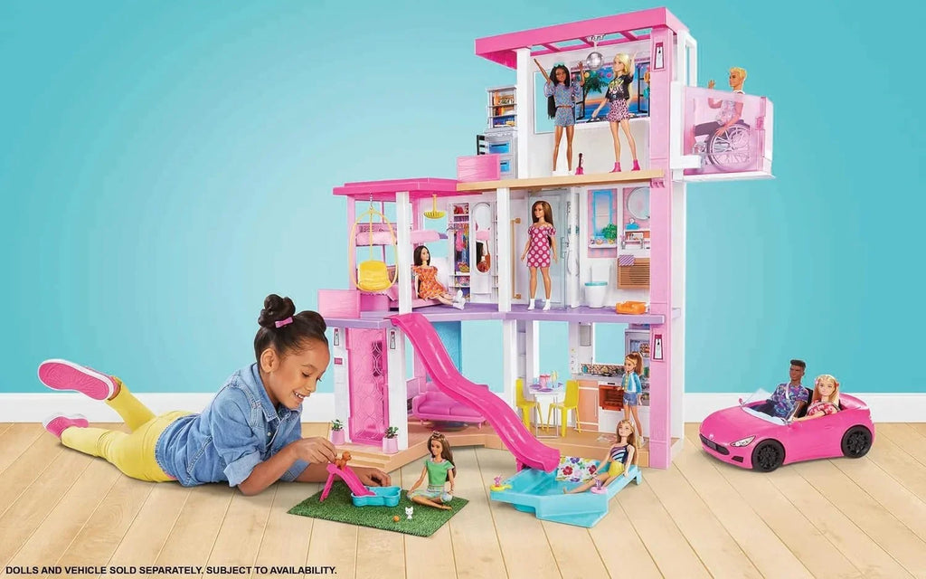 Set de juego casa de muñecas de 3 pisos con piscina, tobogán, ascensor, luz y sonido, 75 accesorios, modelo GRG93