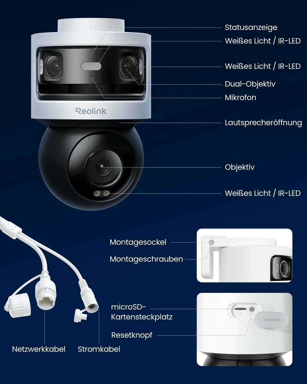 Cámara de seguridad PoE de triple lente para exteriores, panorámica de 180°, 10 MP + 8 MP, PTZ, seguimiento automático, detección por IA, visión nocturna a color e infrarroja, grabación 24/7