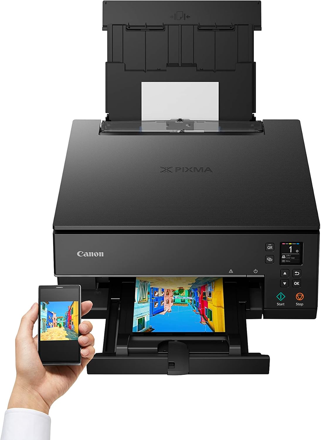 Impresora multifunción de inyección de tinta a color Canon PIXMA TS6350a DIN A4 (impresora fotográfica, escáner, copiadora, OLED, 4.800x1.200 ppp, USB, WLAN, 5 tintas independientes, impresión a doble cara, 2 bandejas de papel), negro