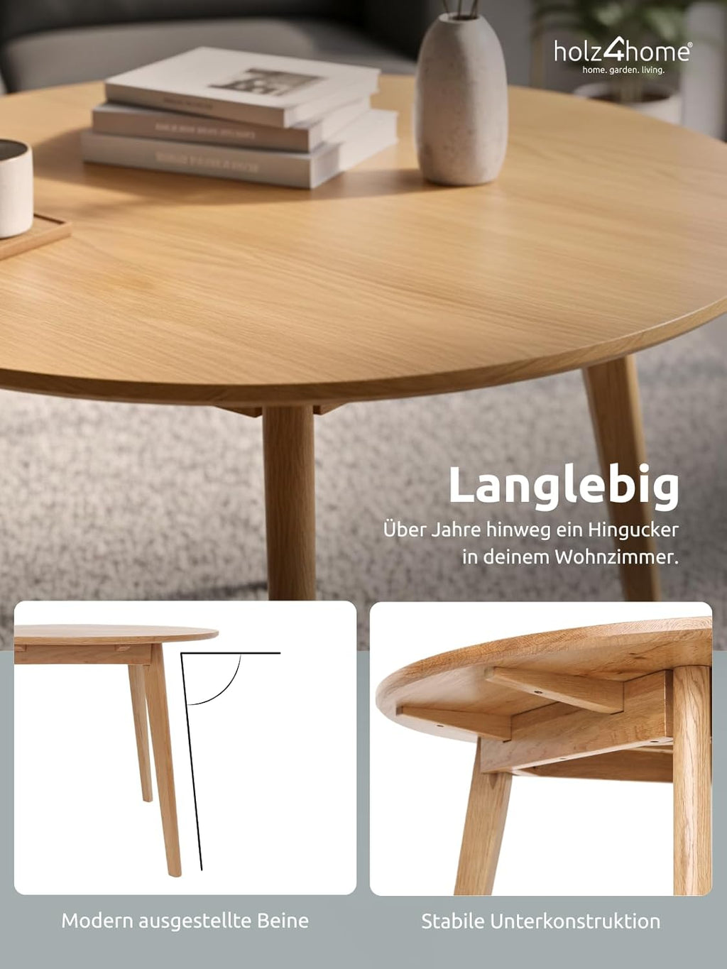 holz4home® Mesa redonda de madera maciza de roble I Mesa de madera de roble mesa de salón mesa de cocina de madera I Aspecto moderno patas inclinadas I Mesa de roble maciza redonda mesa de comedor mesa de comedor (115 cm)