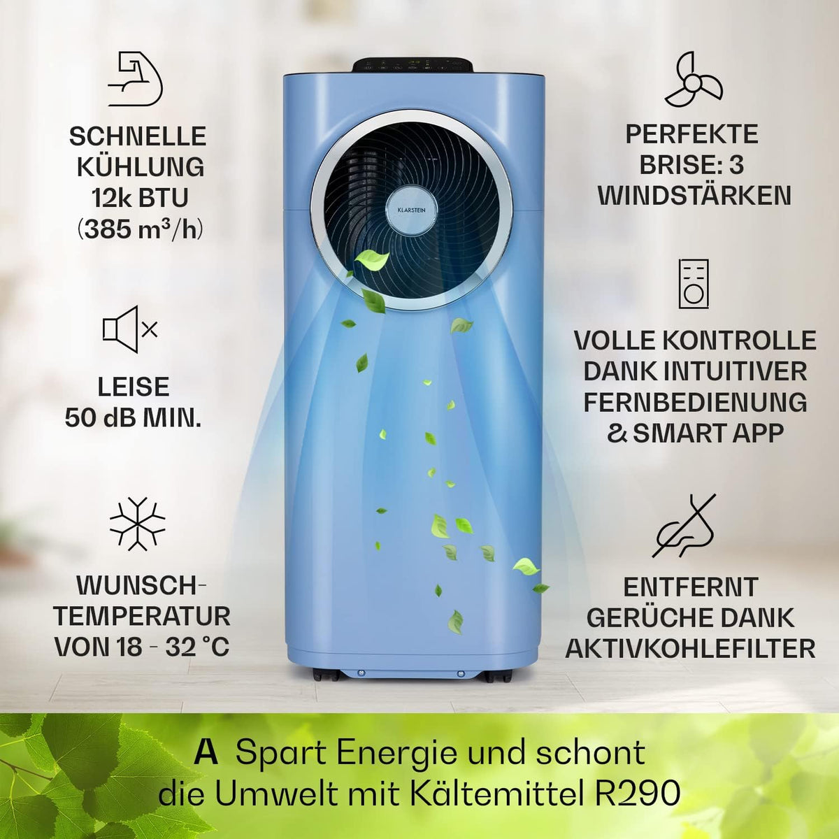 Acondicionador de aire portátil Klarstein con manguera de escape, unidad de climatización 5 en 1, ventilador, deshumidificador, purificador de aire y modo nocturno, control por aplicación, pequeño y portátil, para hogar y oficina, 12000 BTU