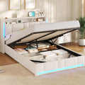 Cama tapizada AOGLLATI 140×200 con tomas de corriente e iluminación LED, cama doble con cabecero con almacenamiento y espacio de almacenamiento hidráulico, estructura de cama con somier, cama juvenil 140×200, lino, sin colchón, beige