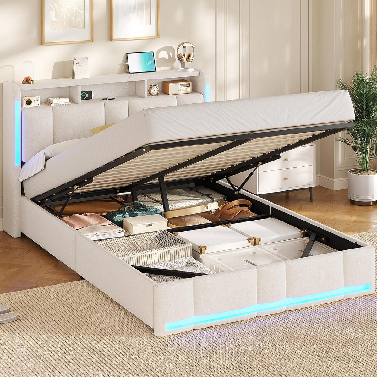 Cama tapizada AOGLLATI 140×200 con tomas de corriente e iluminación LED, cama doble con cabecero con almacenamiento y espacio de almacenamiento hidráulico, estructura de cama con somier, cama juvenil 140×200, lino, sin colchón, beige