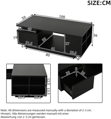 Mesa de centro de alto brillo Merax con iluminación LED y cajón – Mesa de sofá de 100x50x36 cm, mesa de salón con 4 compartimentos laterales, mesa de centro minimalista en negro