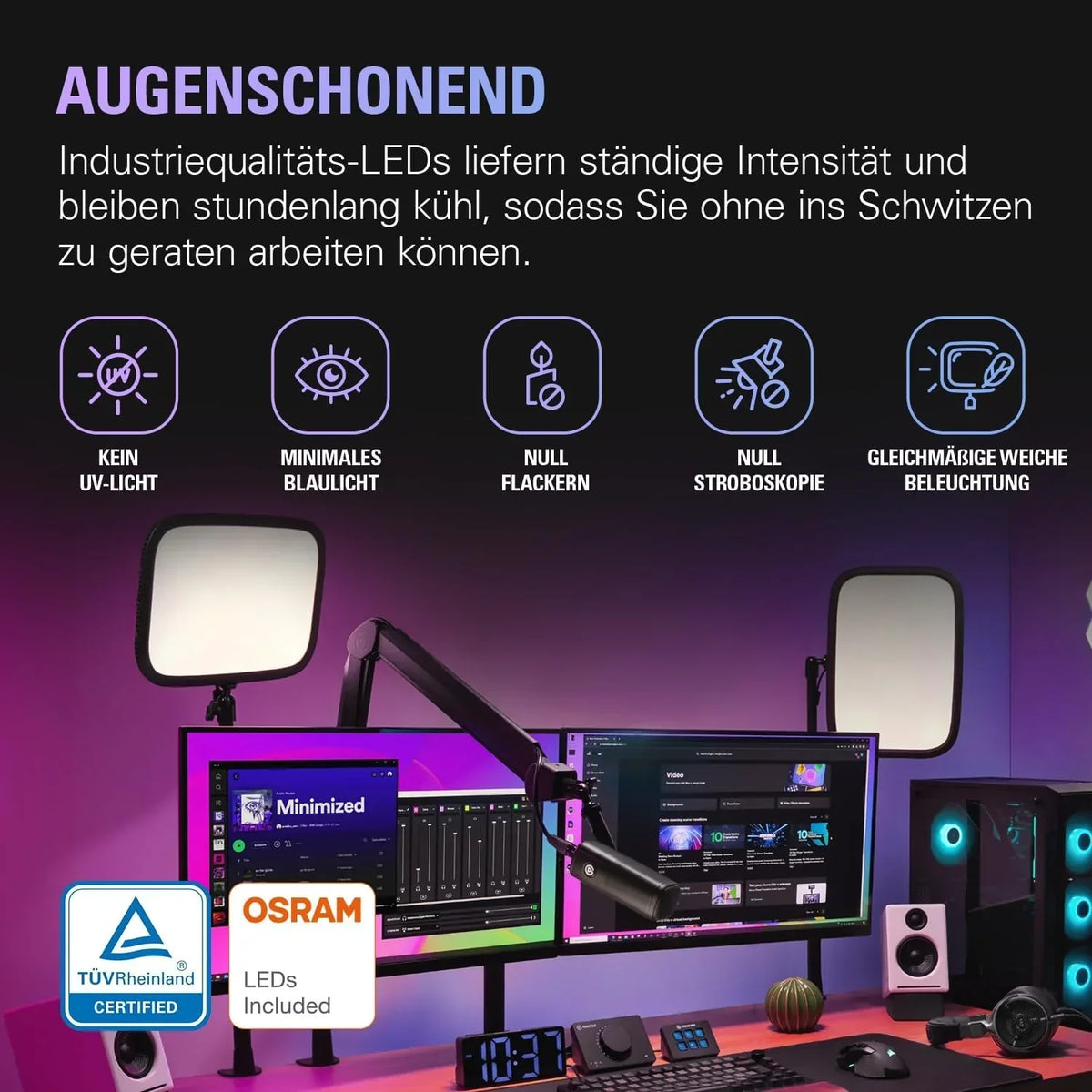 Panel LED de iluminación de estudio de 2800 lúmenes con temperatura de color ajustable de 2900-7000 K, control por aplicación y abrazadera de mesa para streaming y videoconferencias
