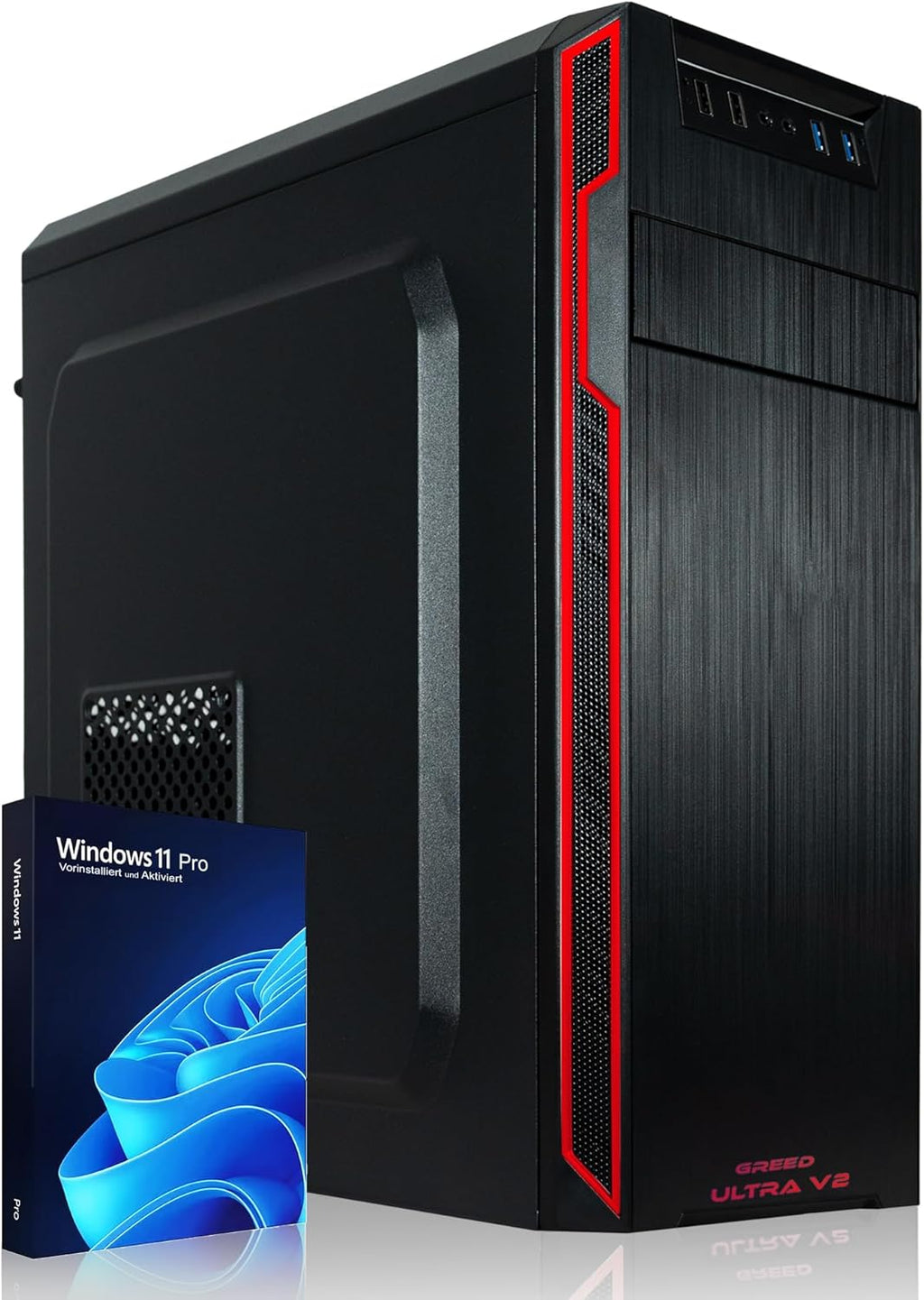Greed® PC Ultra V2 con AMD Ryzen 7 5700G - Computadora rápida + Computadora de escritorio para el hogar con 4.6 GHz, 16 GB de RAM/memoria - SSD de 1 TB + HDD de 1 TB - DVD+RW - USB3.1 - Wi-Fi, con Win11 Pro