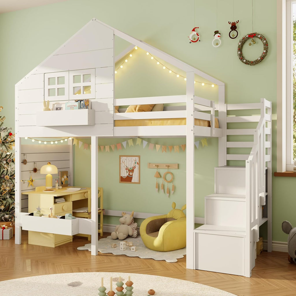 Litera, cama alta, cama infantil 90x200 cm con protección anticaídas y escalera con almacenamiento, cama juvenil, con ventana, madera maciza, blanco