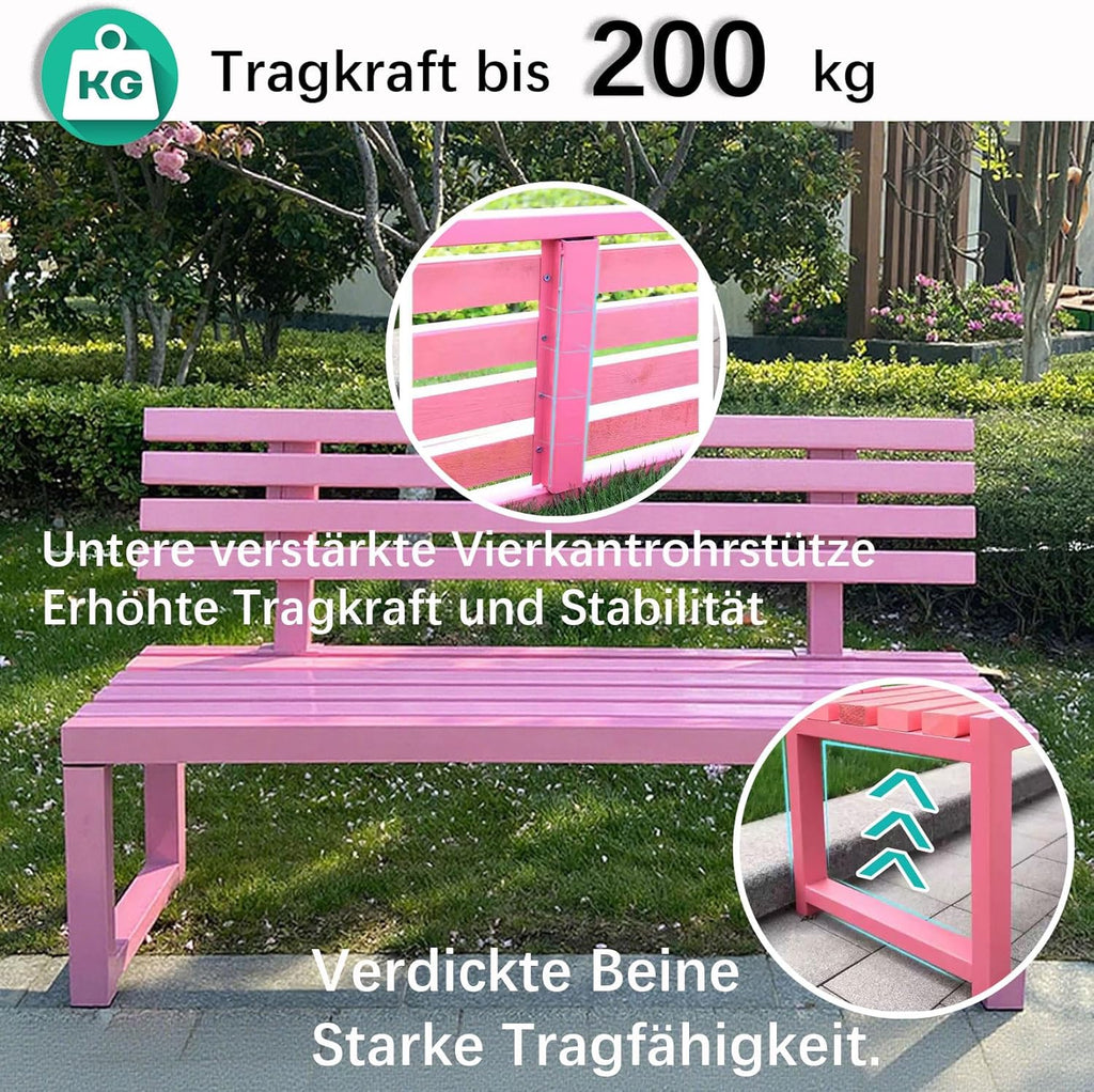 Banco de jardín, banco de exterior resistente a la intemperie, banco de acero metálico, banco de metal para jardín, 100/120/150 cm, con respaldo, capacidad de carga de hasta 200 kg, para terraza, parque, césped, patio, de 2 a 4 plazas, 150×40×85 cm - Rojo