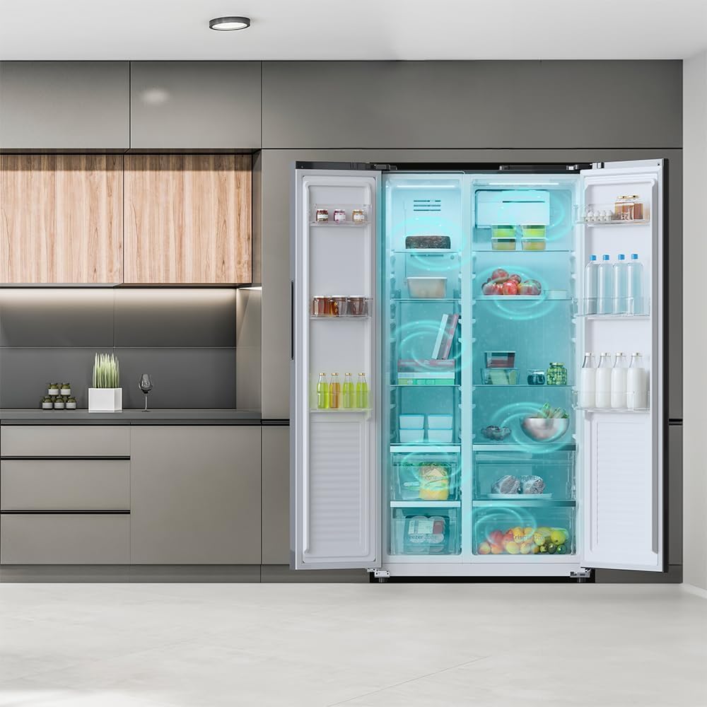 Frigorífico americano Cecotec de 550 litros Bolero CoolMarket SBS 550 Glass D. 177 cm de altura y 90 cm de ancho, sistema Multi Air Flow, Total No Frost, motor Inverter Plus