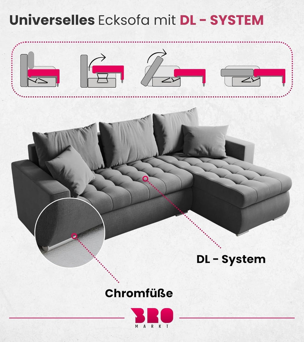 Sofá cama esquinero en forma de L BROMARKT, sofá cama con arcón, mueble de salón LUIS, sofá de 3 plazas con espacio de almacenamiento, 238x150x72 gris claro