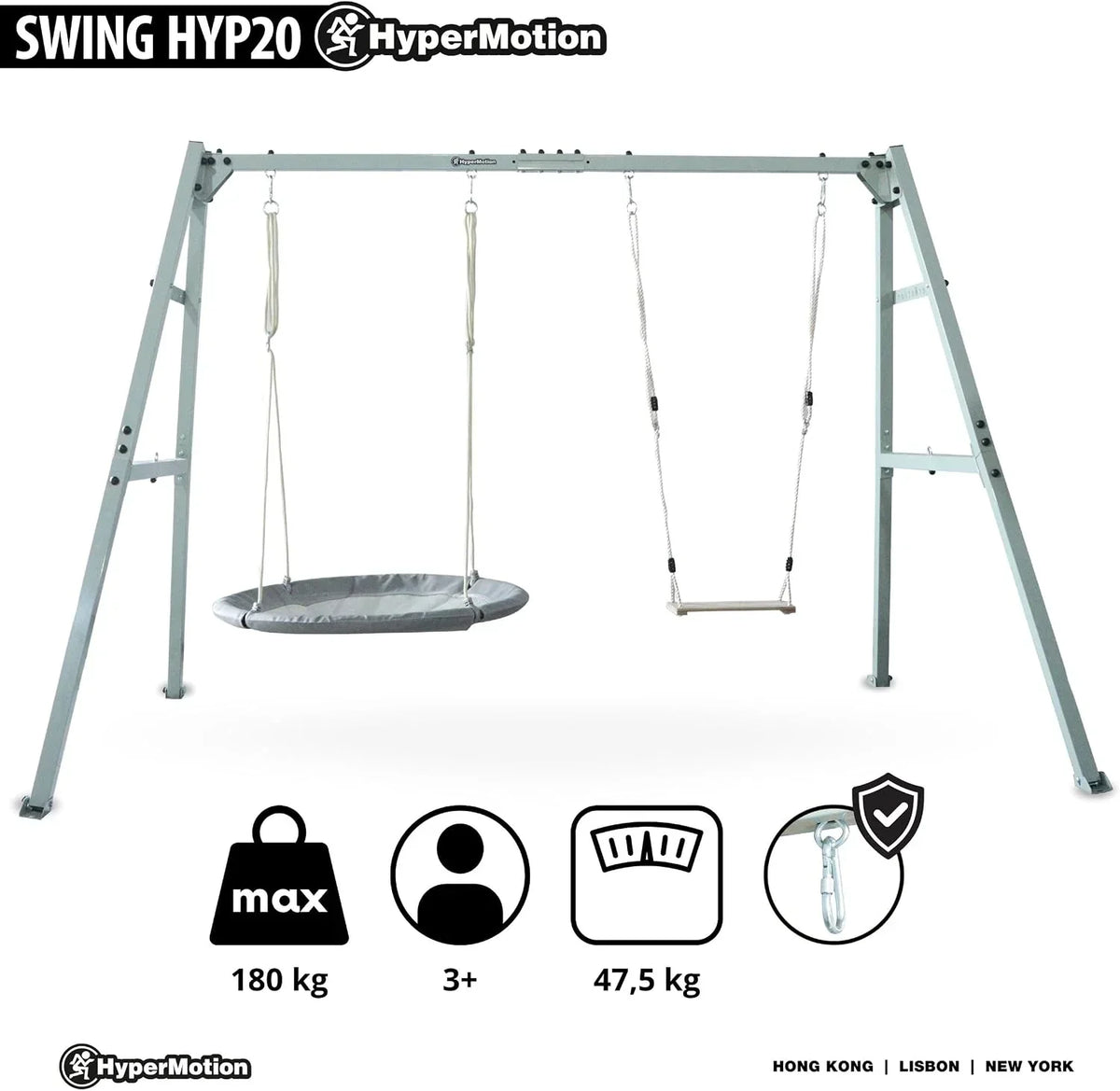 Columpio doble con estructura de acero ZEST SWING HYP2014, capacidad de carga de 180 kg, con columpio nido y hamaca para jardín