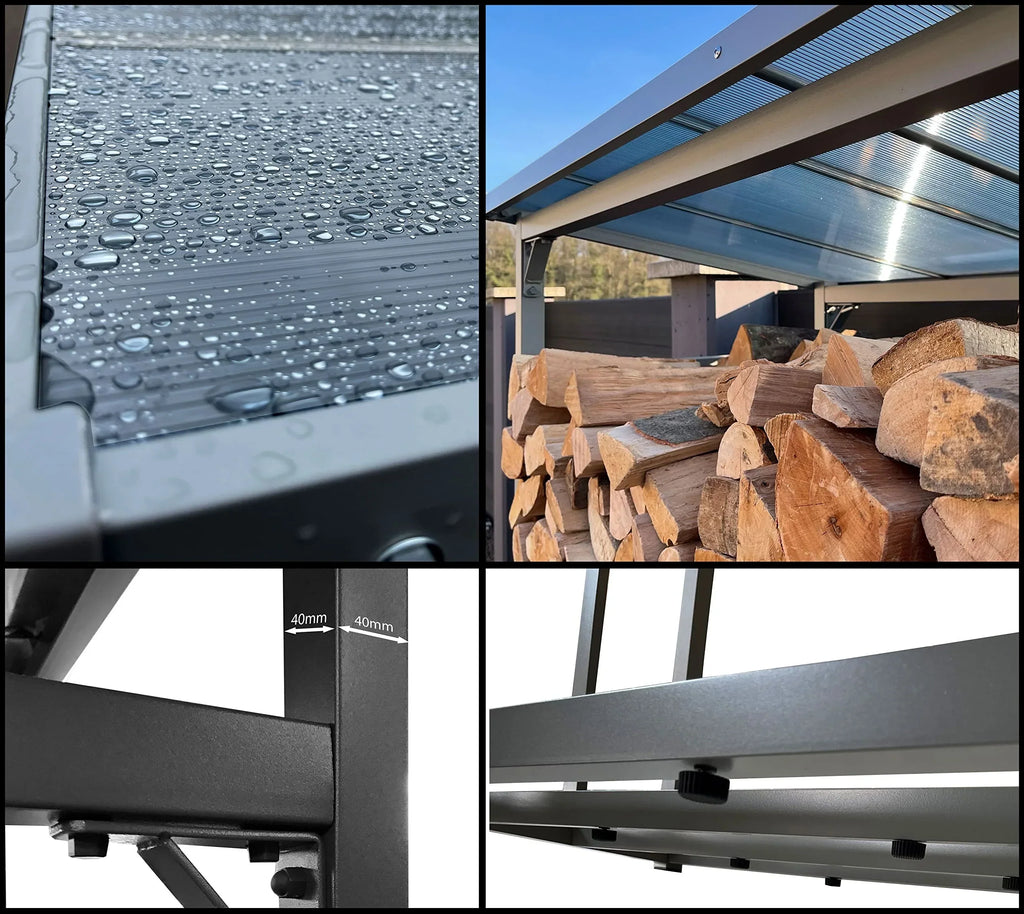 Estantería de metal para leña de exterior 185x70x185 cm Pro, perfil de acero de 40 mm, antracita, resistente a la intemperie, XXL 2,3 m³, soporte para apilado