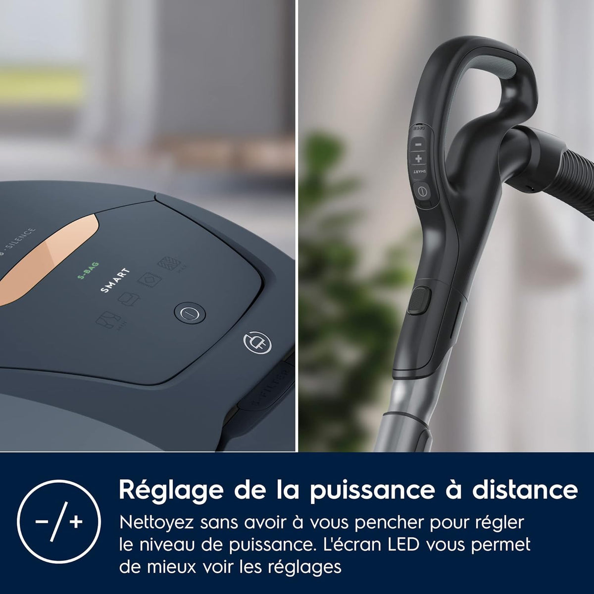 Electrolux Pure D8, controles remotos, aspiradora de trineo con bolsa, ultrasilenciosa, 57 dB, potencia automática inteligente, asa con controles y pantalla LED, PD82-8DB, azul denim