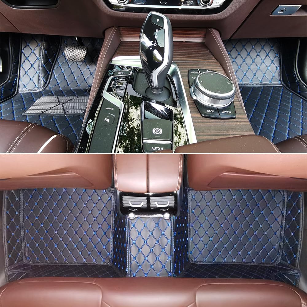 Alfombrillas de coche delanteras y traseras a medida en 3D con logotipo – Matscarlux™ - Protección completa y estilo personalizado (Negro y Azul)