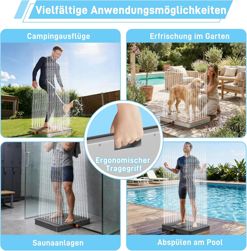 Ducha de jardín UISEBRT, ducha exterior de WPC y aluminio - Ducha de suelo móvil, ducha solar, ducha de camping - Altura de fuente ajustable hasta 4 m - Para piscina, jardín, terraza (cuadrada - marrón)