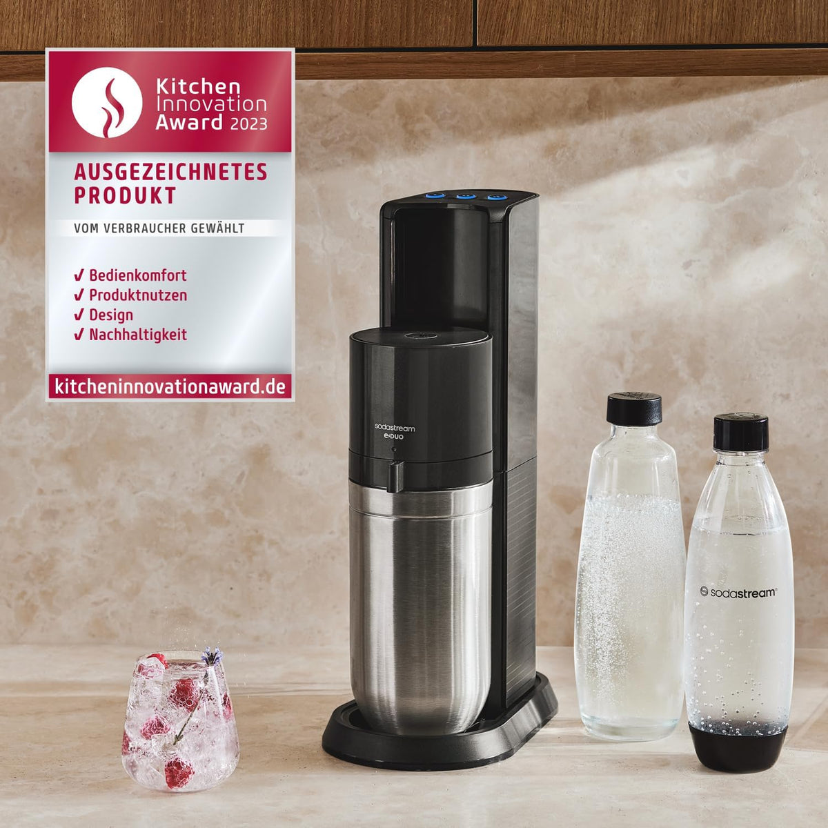 SodaStream máquina de agua con gas eléctrica E-DUO con cilindro de CO2 Quick-Connect | incl. 1 botella de vidrio de 1L y 2 botellas de plástico FUSE de 1L (aptas para lavavajillas) | Color: Titanio