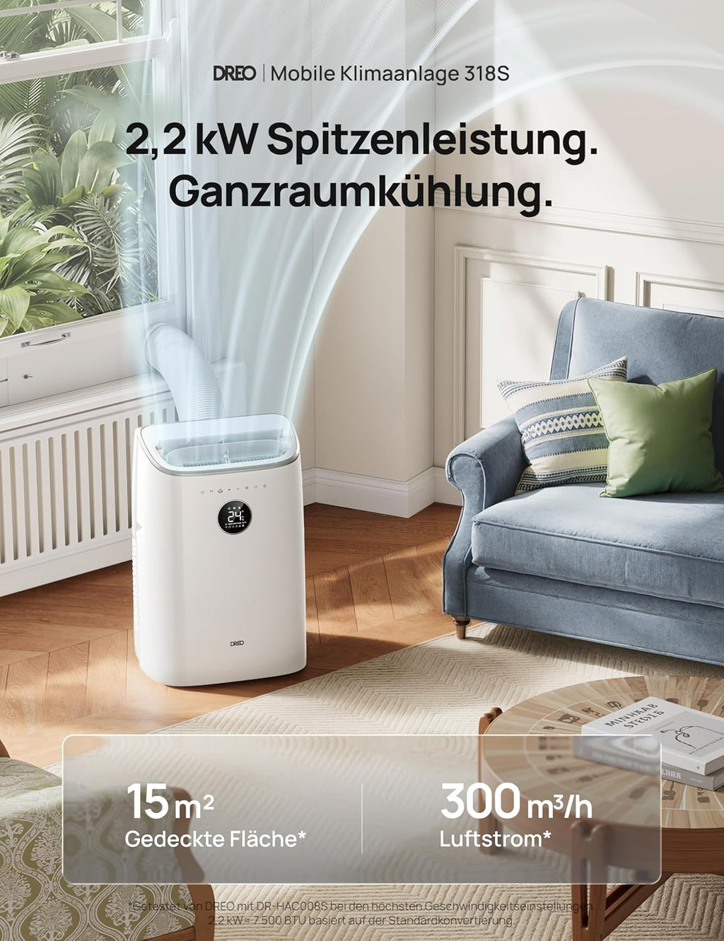 Aire acondicionado portátil DREO, 7.500 BTU, unidad móvil para dormitorio y oficina, 3 en 1: refrigeración/ventilación/deshumidificación, control por aplicación/voz/mando a distancia, sin drenaje, kit de ventana, 2,5 L/h, AC318S
