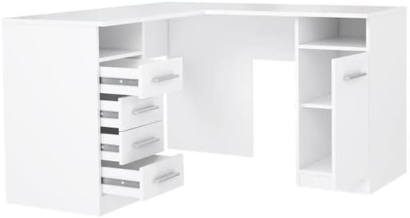 Escritorio esquinero Forte NET 106 de 120 x 130, escritorio con 4 cajones y 1 puerta, escritorio blanco, habitación juvenil, oficina en casa, oficina, madera reconstituida, blanco, 125 cm de ancho x 75 cm de alto x 125 cm de profundidad