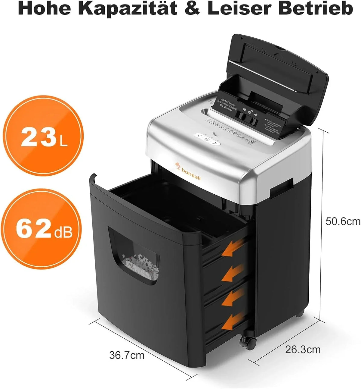 Destructora de papel C233-B con alimentación automática de 120 hojas, corte en partículas P-4, depósito de 23 L, 62 dB y 4 ruedas