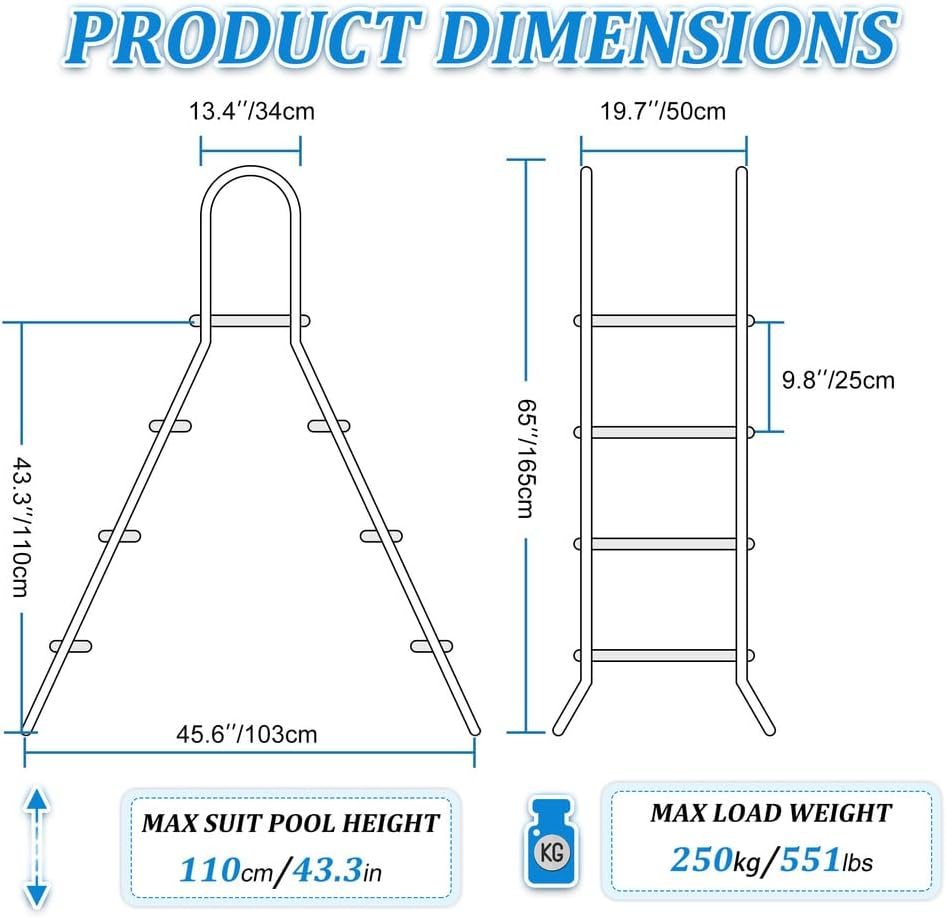 Escalera de piscina de acero inoxidable de 4 peldaños, escalera para piscina elevada, escalera de 132 cm de altura, peldaños de piscina para piscinas elevadas, escalera de piscina con capacidad de carga de 250 kg