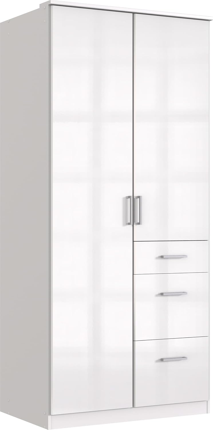Armario de puertas batientes möbelando >Clack< en lacado blanco de alto brillo - 91x199x58cm (ancho x alto x fondo)