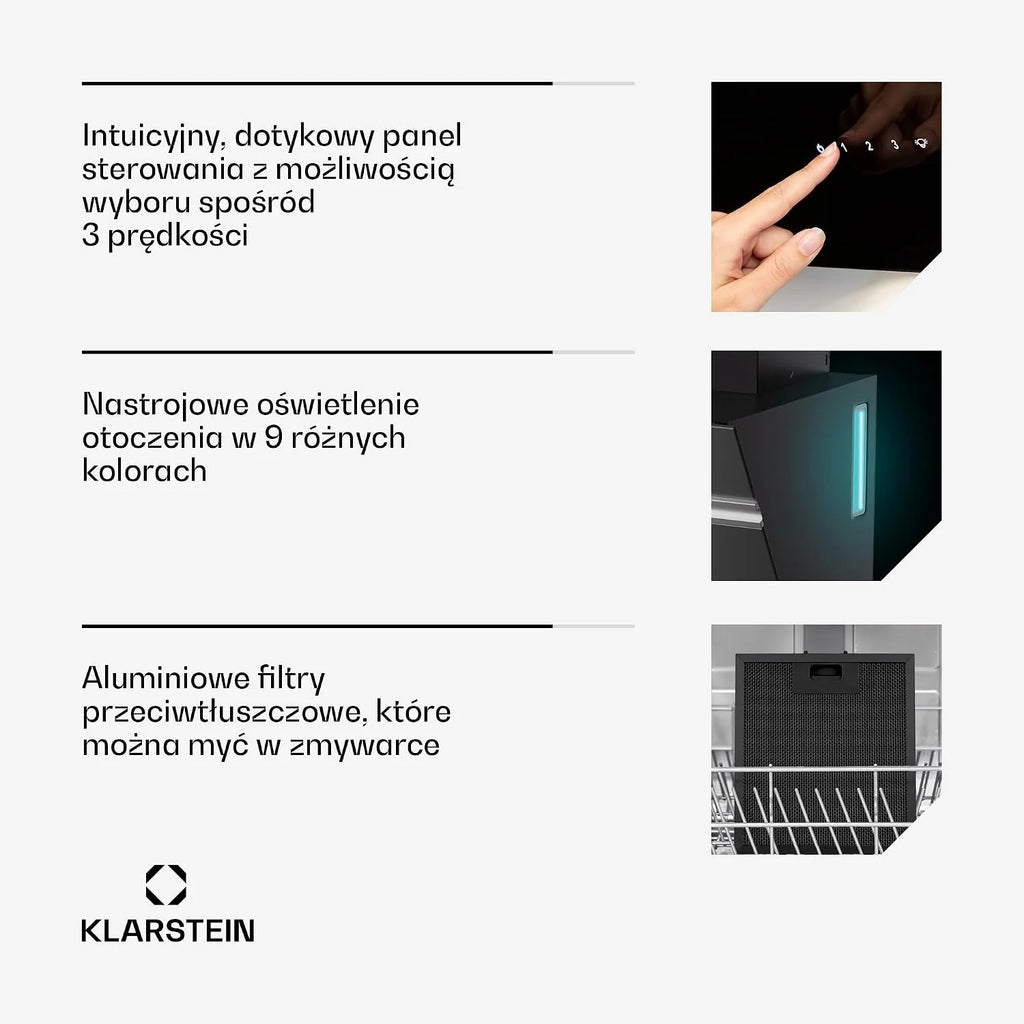 KLARSTEIN Alina Okap kuchenny, 540 m³/h, klasa A, RGB LED, 3 poziomy, sterowanie dotykowe, 60 dB czarny, okap ścienny, tryb recyrkulacji