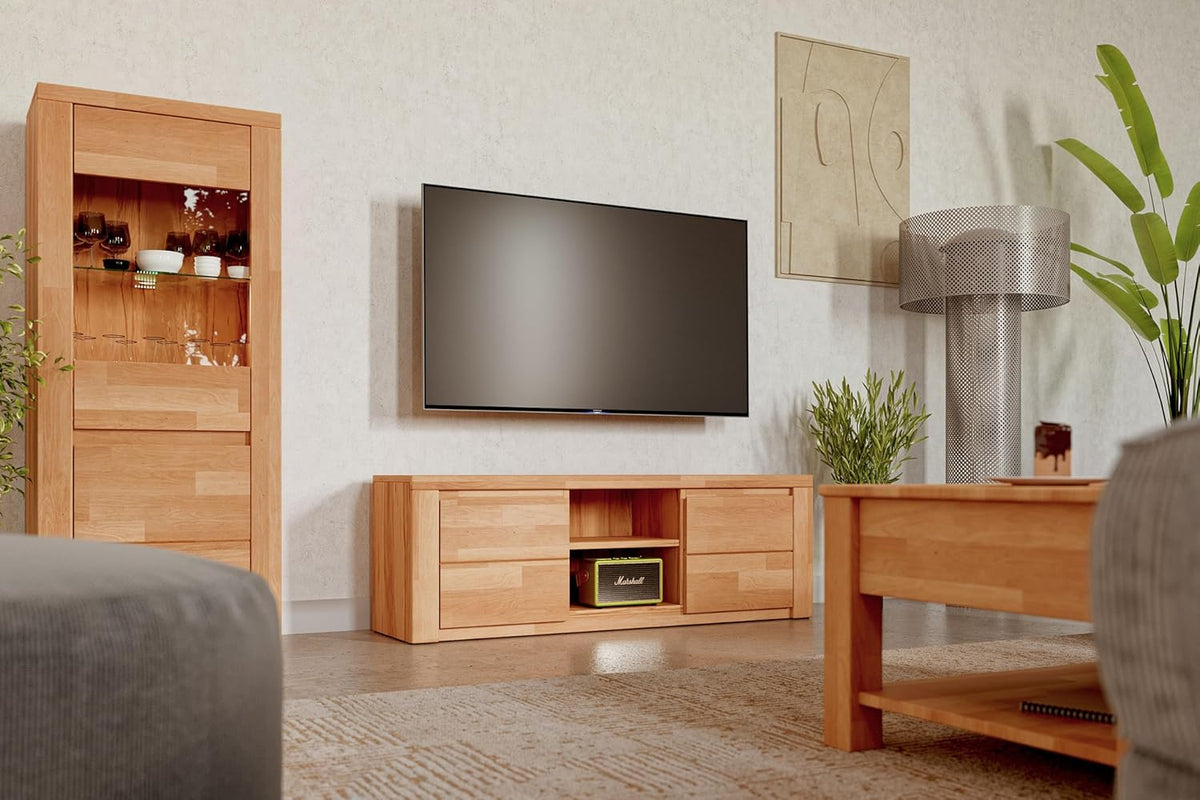 Mueble bajo para TV Kiki design Livigno de madera de haya núcleo parcialmente maciza aceitada, diseño sin tiradores, mueble de TV moderno con gran espacio de almacenamiento para su salón, con certificación FSC -