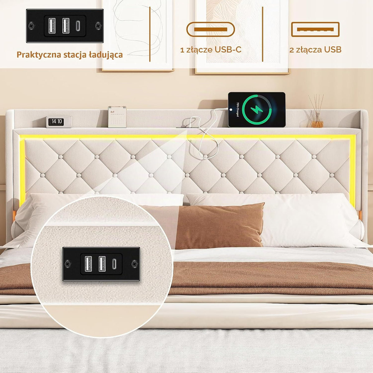 Podwójne łóżko z pojemnikiem 140 x 200 cm, łóżko tapicerowane 140 x 200 cm z 4 szufladami, LED i portem USB, funkcjonalne łóżko z zagłówkiem, rama łóżka z stelażem listwowym, aksamit, bez materaca