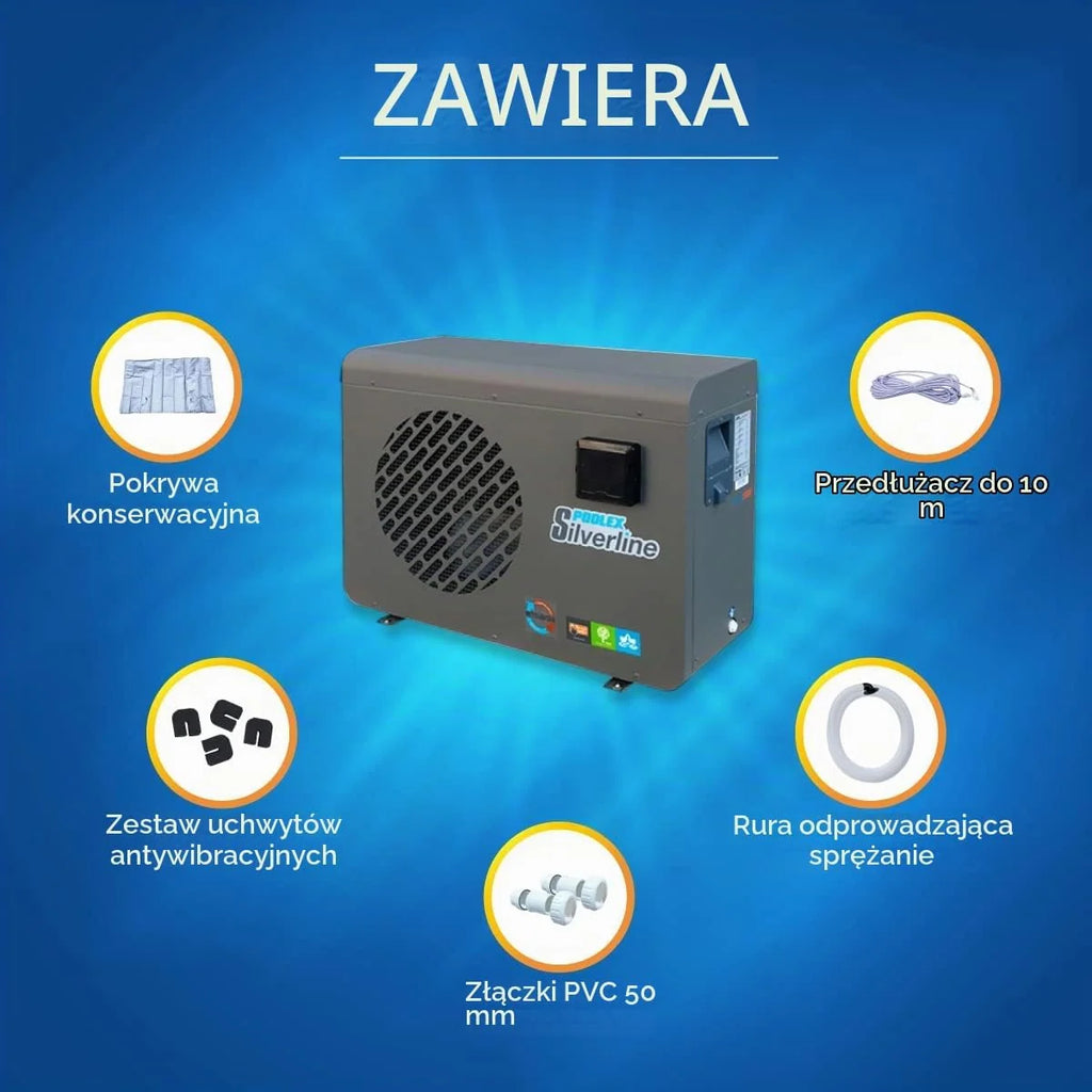 POOLEX - PC-SLP055 Silverline 55 - Cicha i ekonomiczna pompa ciepła basenowa - Wszystkie rodzaje basenów - Sprężarka o wysokiej wydajności - 5,5kW - Pojemność umywalki od 20 do 30m3