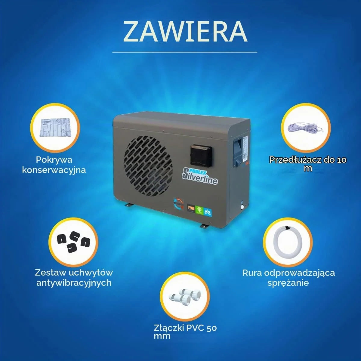 POOLEX - PC-SLP055 Silverline 55 - Cicha i ekonomiczna pompa ciepła basenowa - Wszystkie rodzaje basenów - Sprężarka o wysokiej wydajności - 5,5kW - Pojemność umywalki od 20 do 30m3