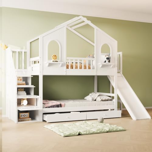 Cuna litera 90x200, cama alta en forma de casa con tobogán, escalera de almacenamiento, 2 cajones, ventanas y tejado, litera cama doble de madera con somier y protección anticaídas, pino, sin colchón, blanco