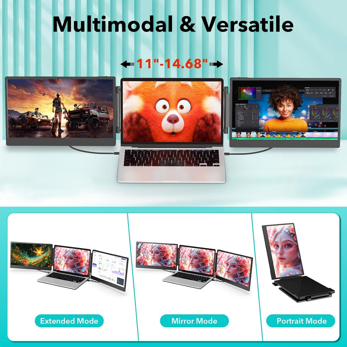 Monitor portátil de 14", extensión de pantalla para ordenador portátil, monitor triple FHD 1080P, pantallas para PC con HDMI/USB-C Plug & Play para Mac, Windows y Chrome