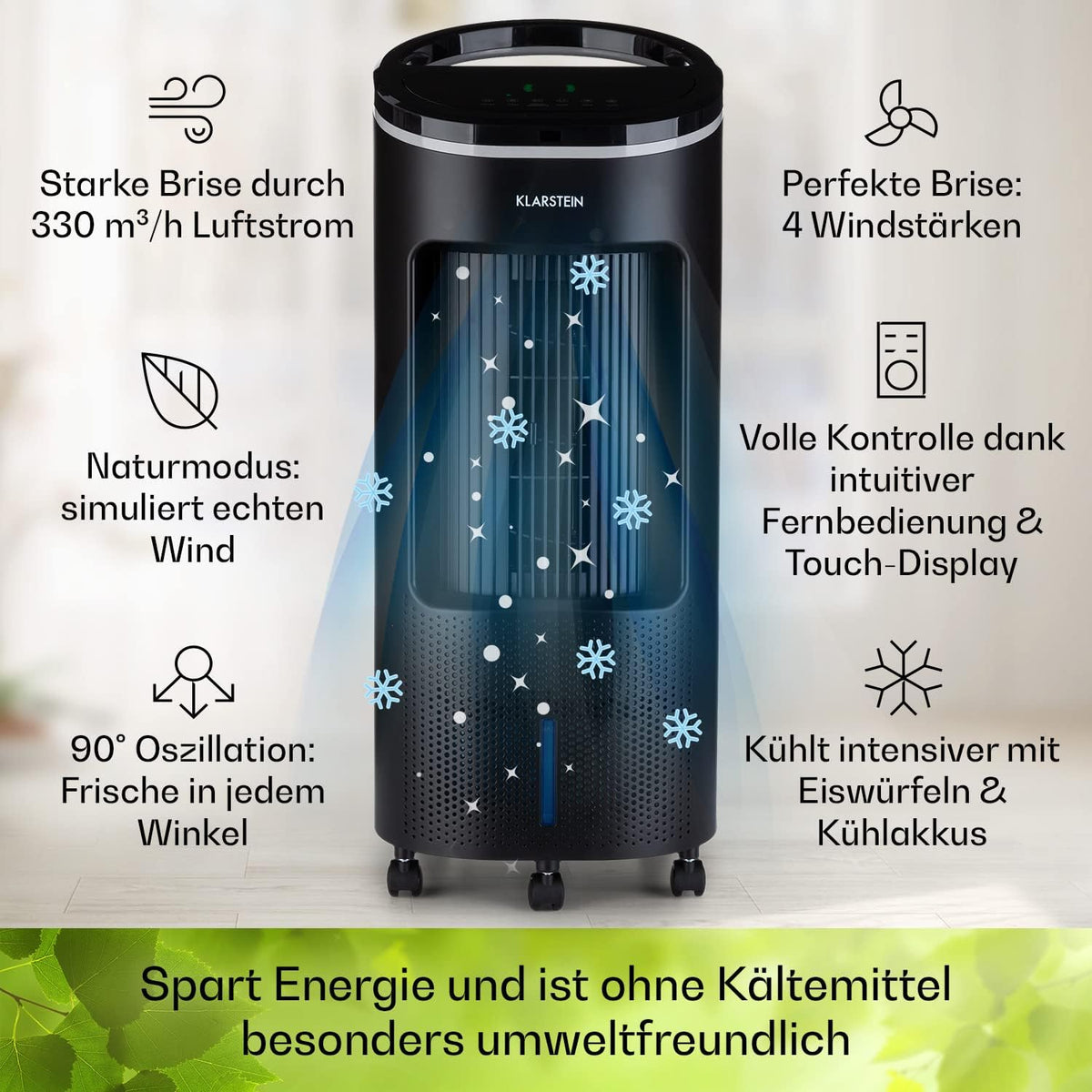 Enfriador de aire Klarstein con refrigeración por agua, enfriador evaporativo 4 en 1 silencioso, humidificador, ventilador y modo nocturno, aire acondicionado portátil de 7 L, enfriador de aire de 65 W, flujo de aire refrigerante de 330 m³/h