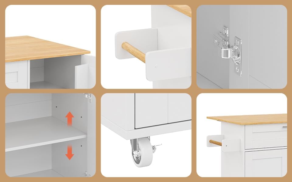 Mesa de cocina móvil, encimera plegable, veteado de roble, armario multifuncional, especiero, toallero, 5 ruedas, blanco, apto para cocina/comedor/hogar