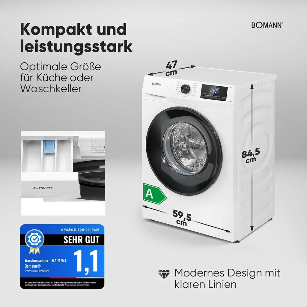 Lavadora Bomann 7 kg, 1400 rpm, motor inverter, 10 años de garantía, 15 programas, inicio diferido, WA 7175.1, clase energética A