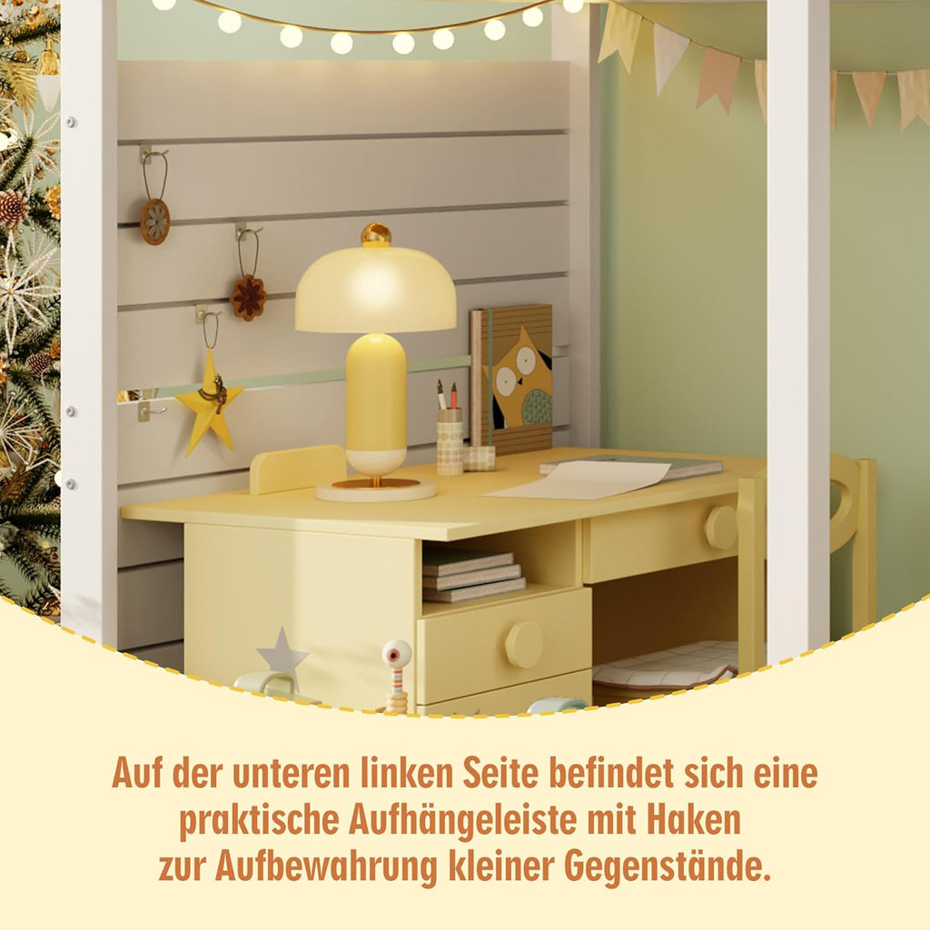 Litera, cama alta, cama infantil 90x200 cm con protección anticaídas y escalera con almacenamiento, cama juvenil, con ventana, madera maciza, blanco