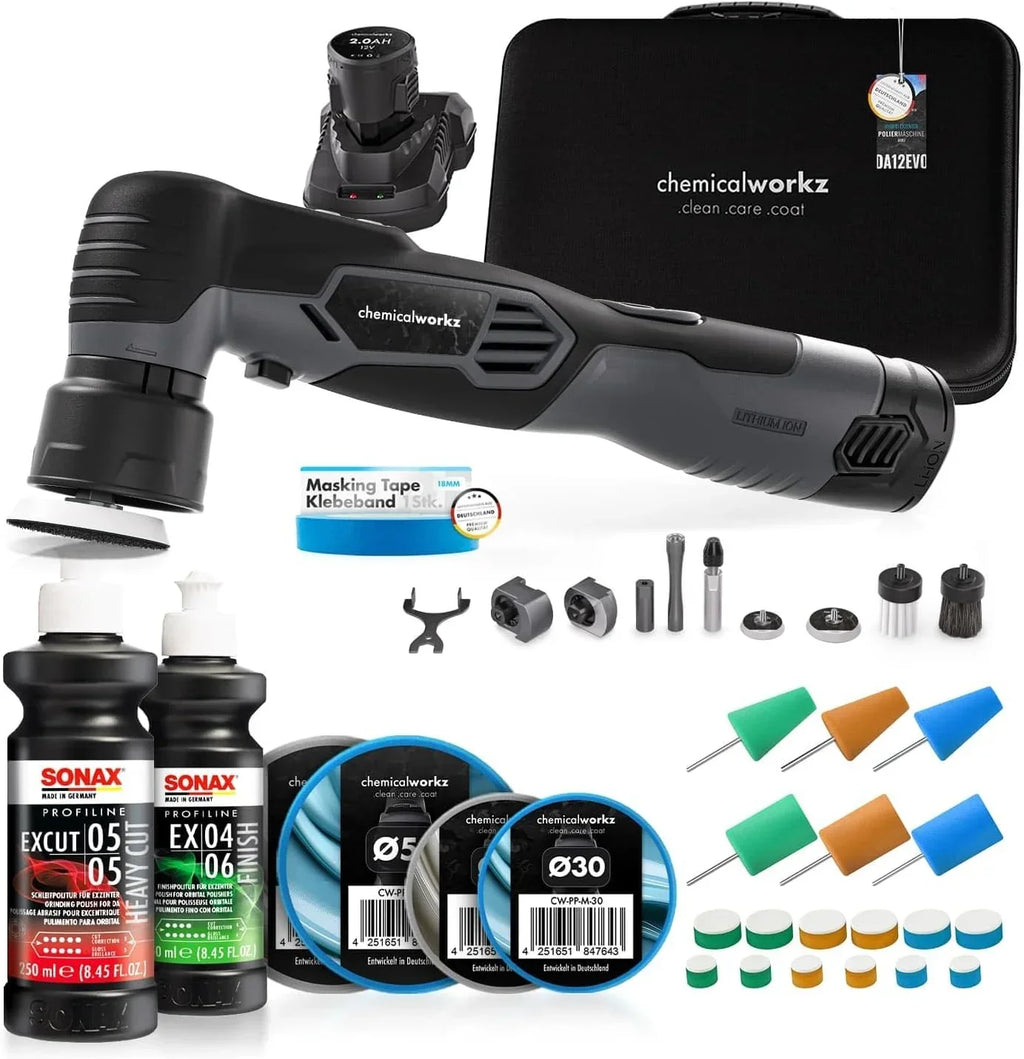 Pulidora inalámbrica EVO Mini, juego de 25 piezas, excéntrica y rotativa con baterías, adaptadores, platos de apoyo, almohadillas y accesorios