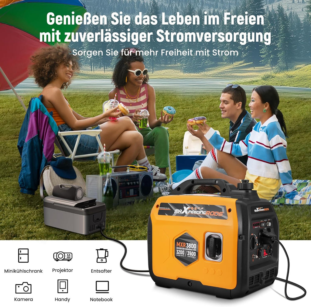 Generador inverter maXpeedingrods 3500W, super silencioso, ligero y portátil, generador de gasolina de emergencia, modo ECO con 2 enchufes de 230V / 2 USB / 1 de 12V CC para autocaravanas, camping, festivales y viajes