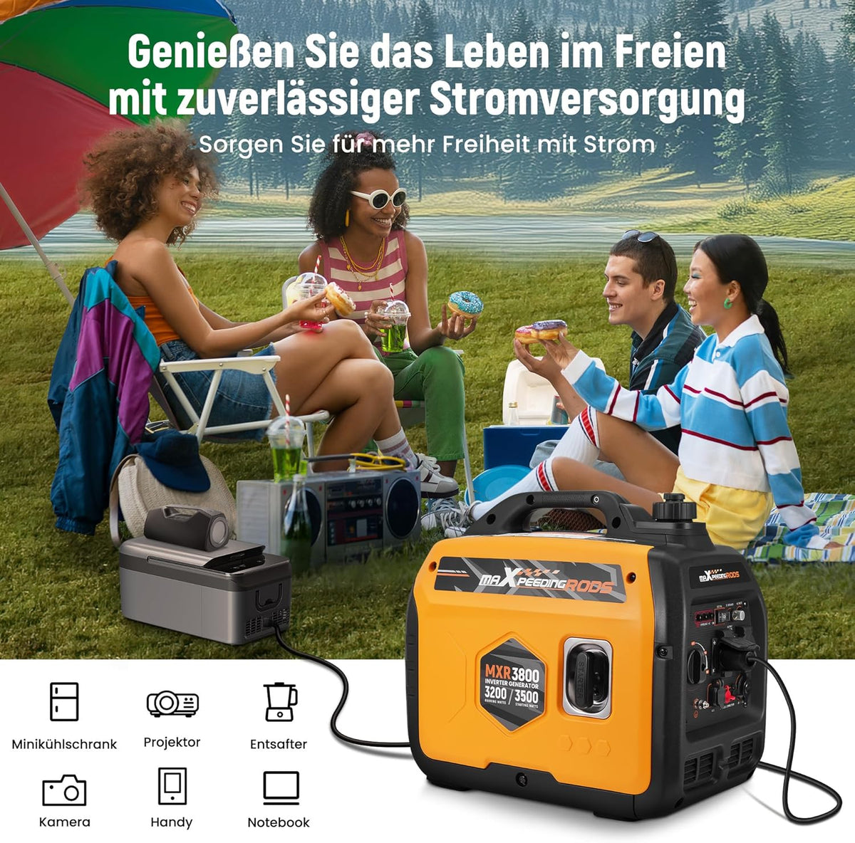 Generador inverter maXpeedingrods 3500W, super silencioso, ligero y portátil, generador de gasolina de emergencia, modo ECO con 2 enchufes de 230V / 2 USB / 1 de 12V CC para autocaravanas, camping, festivales y viajes