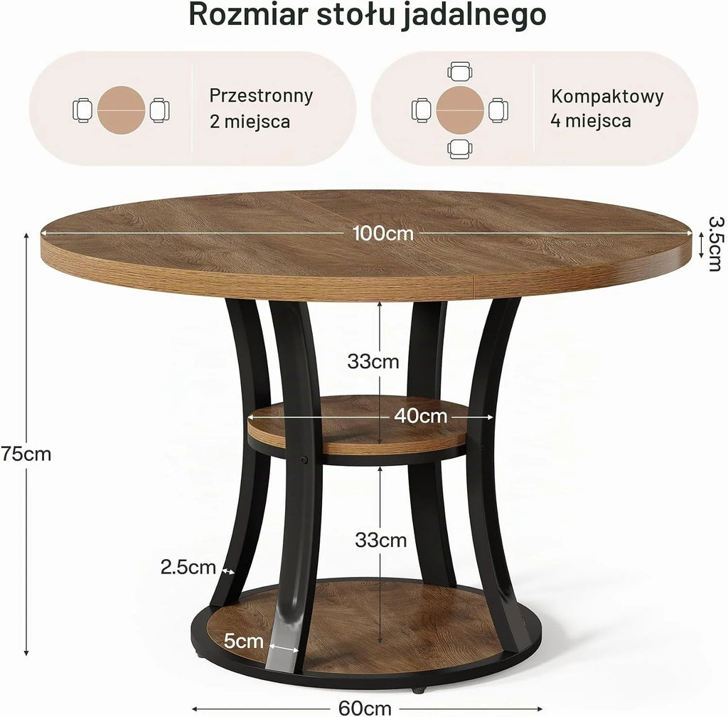 Tribesigns Okrągły stół do jadalni 100 cm dla 4 osób, stół kuchenny z 2-stopniowym regałem do przechowywania, oszczędzający miejsce stół kolumnowy, styl dworkowy do jadalni i małych pomieszczeń (tylko
