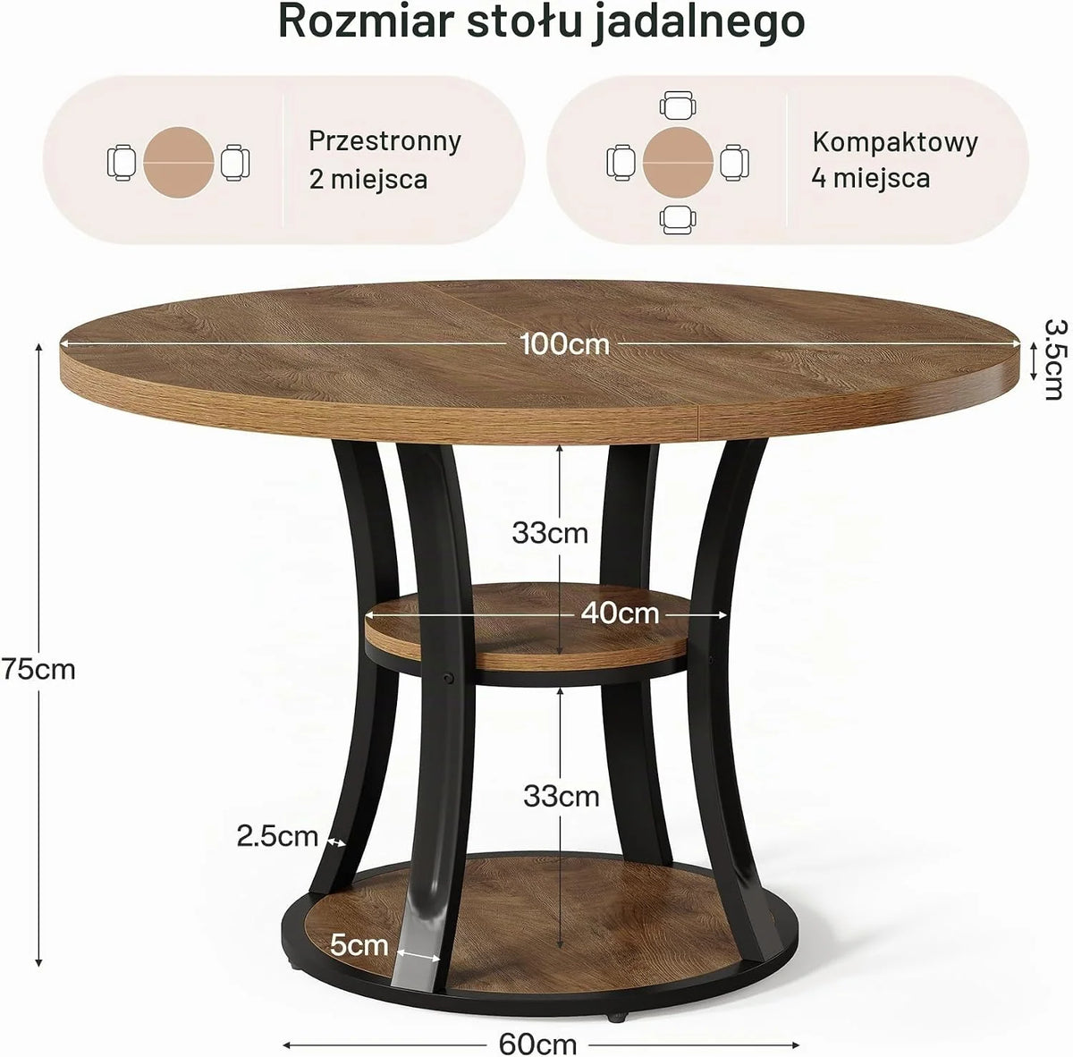 Tribesigns Okrągły stół do jadalni 100 cm dla 4 osób, stół kuchenny z 2-stopniowym regałem do przechowywania, oszczędzający miejsce stół kolumnowy, styl dworkowy do jadalni i małych pomieszczeń (tylko