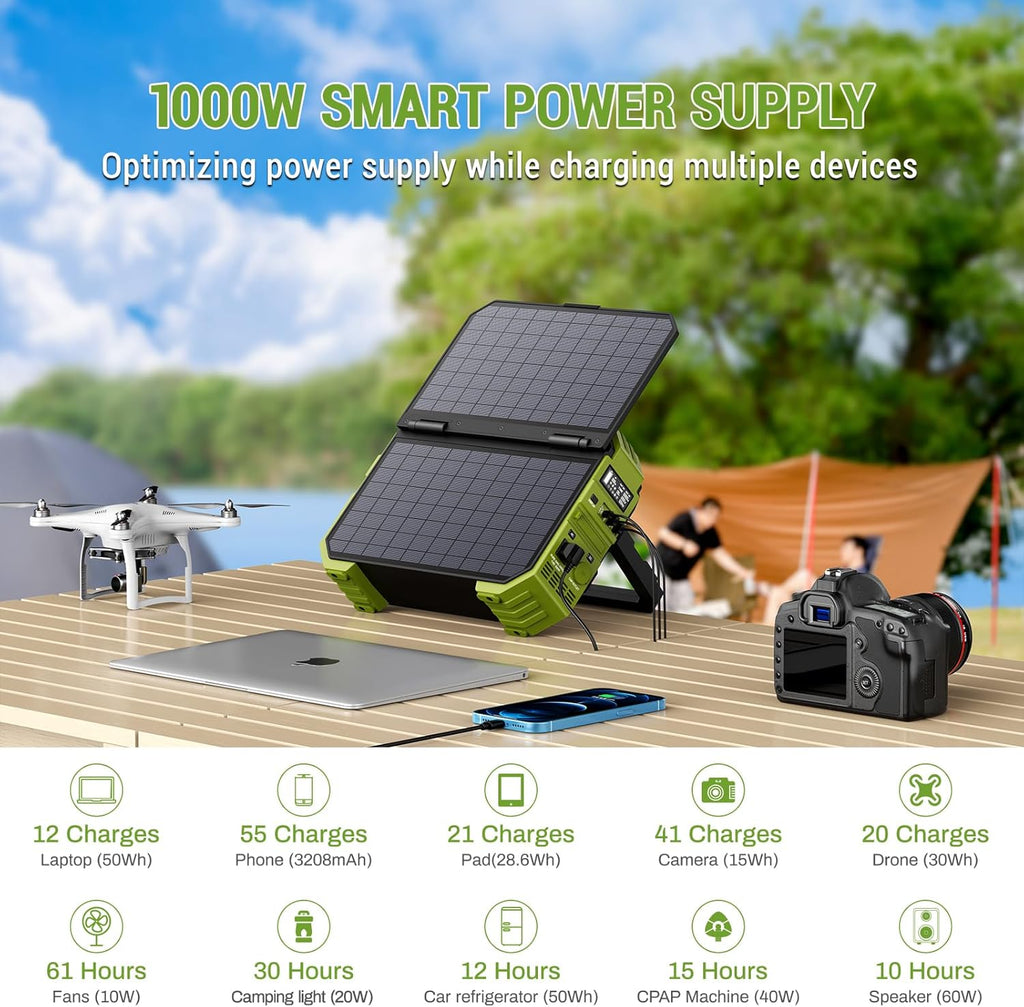 Estación de energía portátil BROWEY con panel solar, panel de carga solar propio de 12-40W, 614Wh, 1000W de potencia nominal, generador solar de 2000W de potencia máxima para camping al aire libre, caravaning y preparación para emergencias.