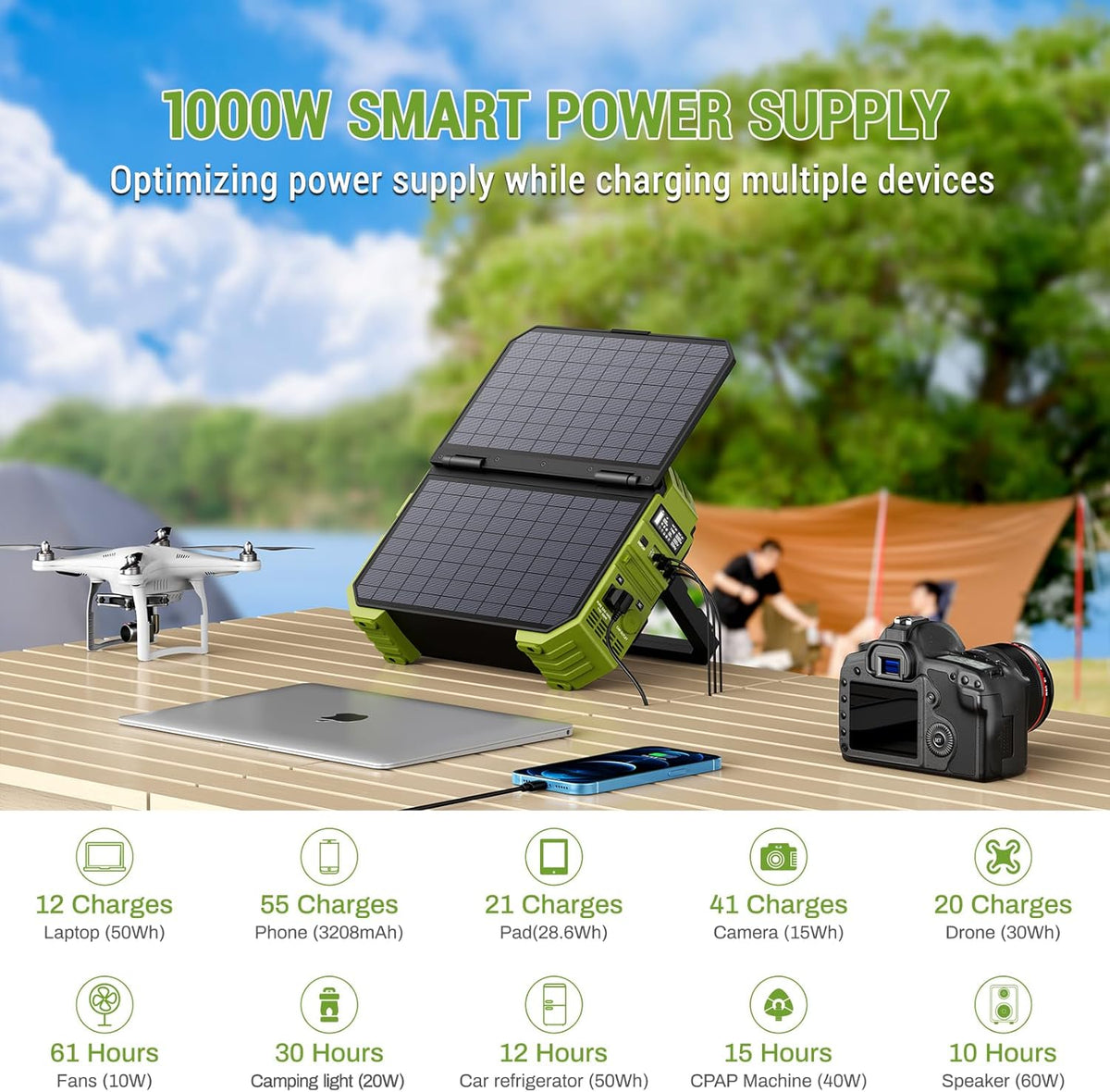Estación de energía portátil BROWEY con panel solar, panel de carga solar propio de 12-40W, 614Wh, 1000W de potencia nominal, generador solar de 2000W de potencia máxima para camping al aire libre, caravaning y preparación para emergencias.