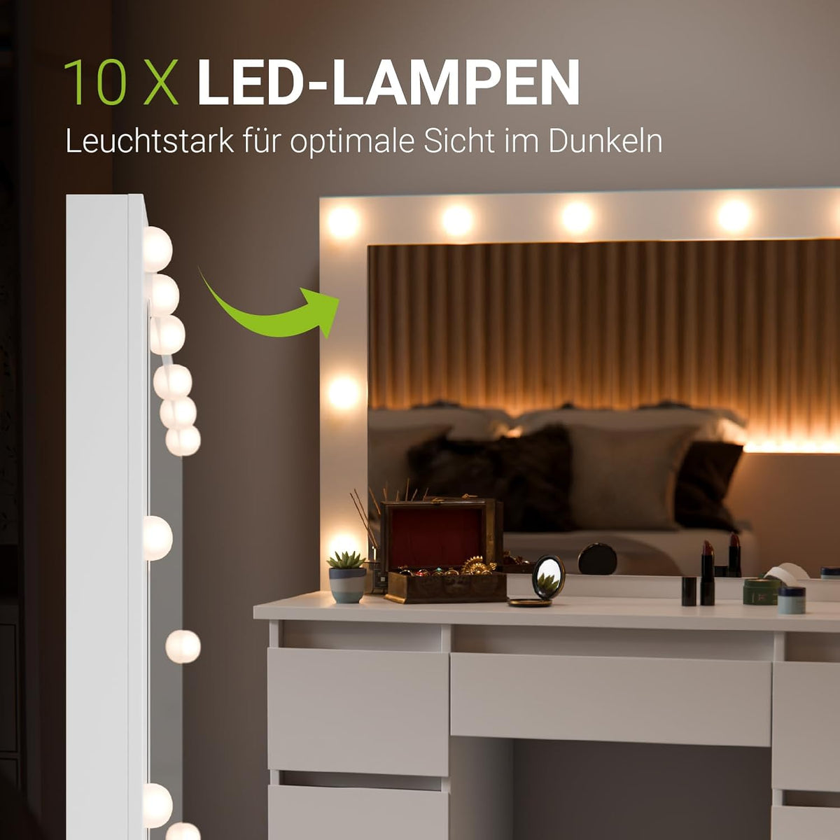 Tocador Juskys Lilia con espejo LED, 7 cajones, 3 niveles de iluminación, gran espacio de almacenamiento, diseño moderno, compacto y de fácil mantenimiento para el maquillaje - Blanco