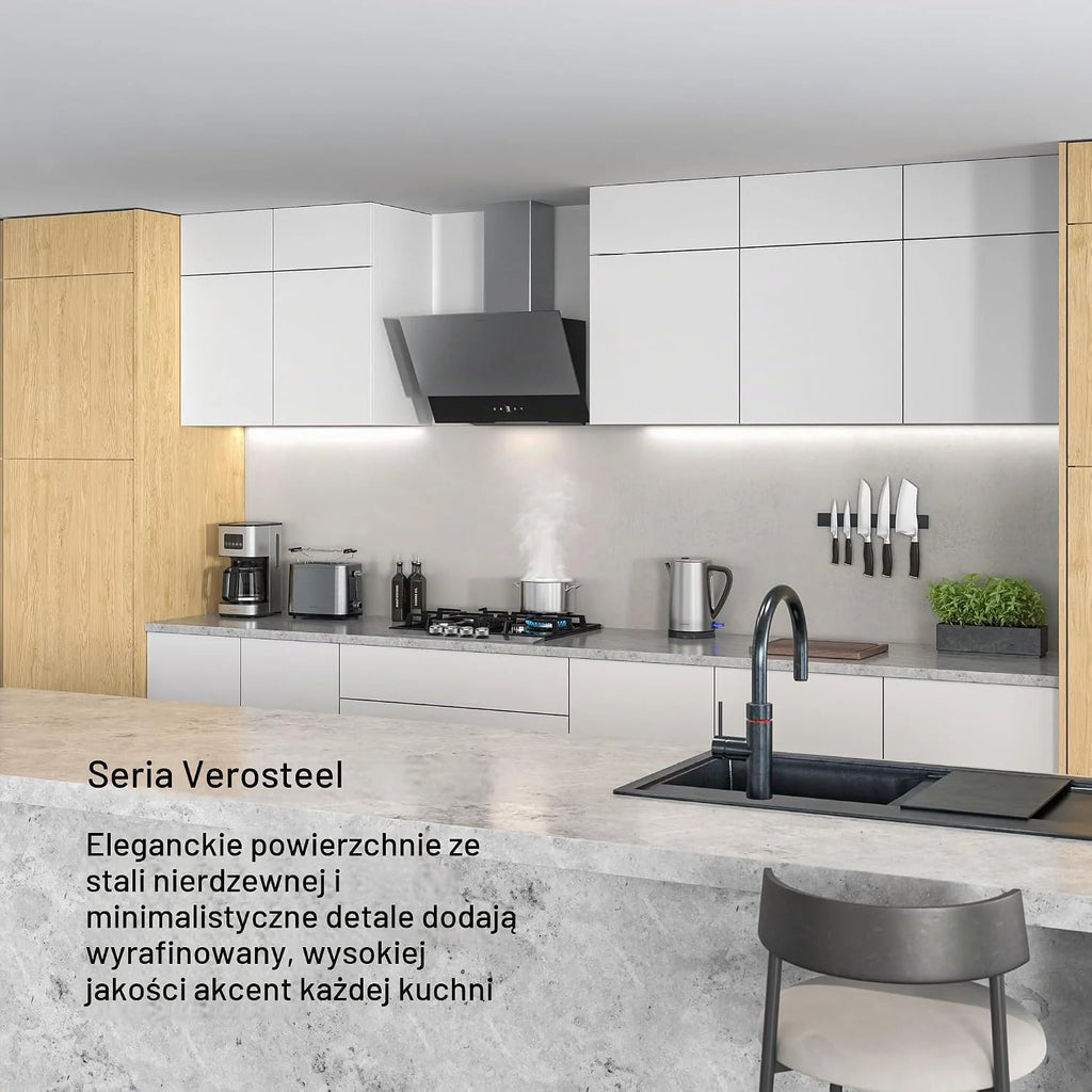 Klarstein Okap kuchenny, Verosteel 60 cm – Okap przyścienny skośny, 624 m³/h, energooszczędny A++, dotykowy, LED, cichy, ze stali nierdzewnej i szkła, filtr przystosowany do mycia w zmywarce