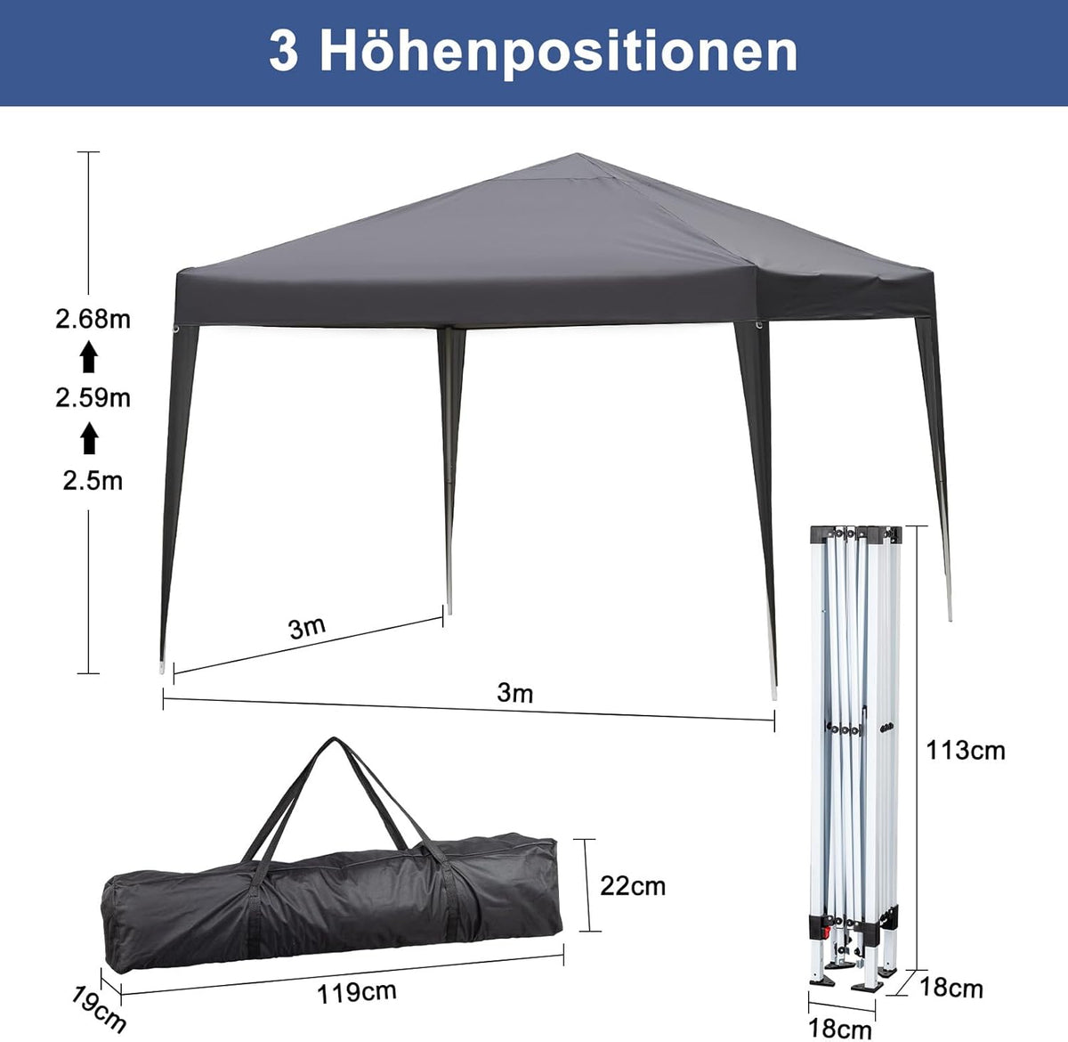 Pabellón plegable pop-up de 3x3 m, impermeable y resistente al invierno, altura ajustable, sistema de ventilación, estructura de acero, protección UV 50+, con 4 paredes laterales y 4 sacos de arena, para jardín, camping, fiesta (Antracita)